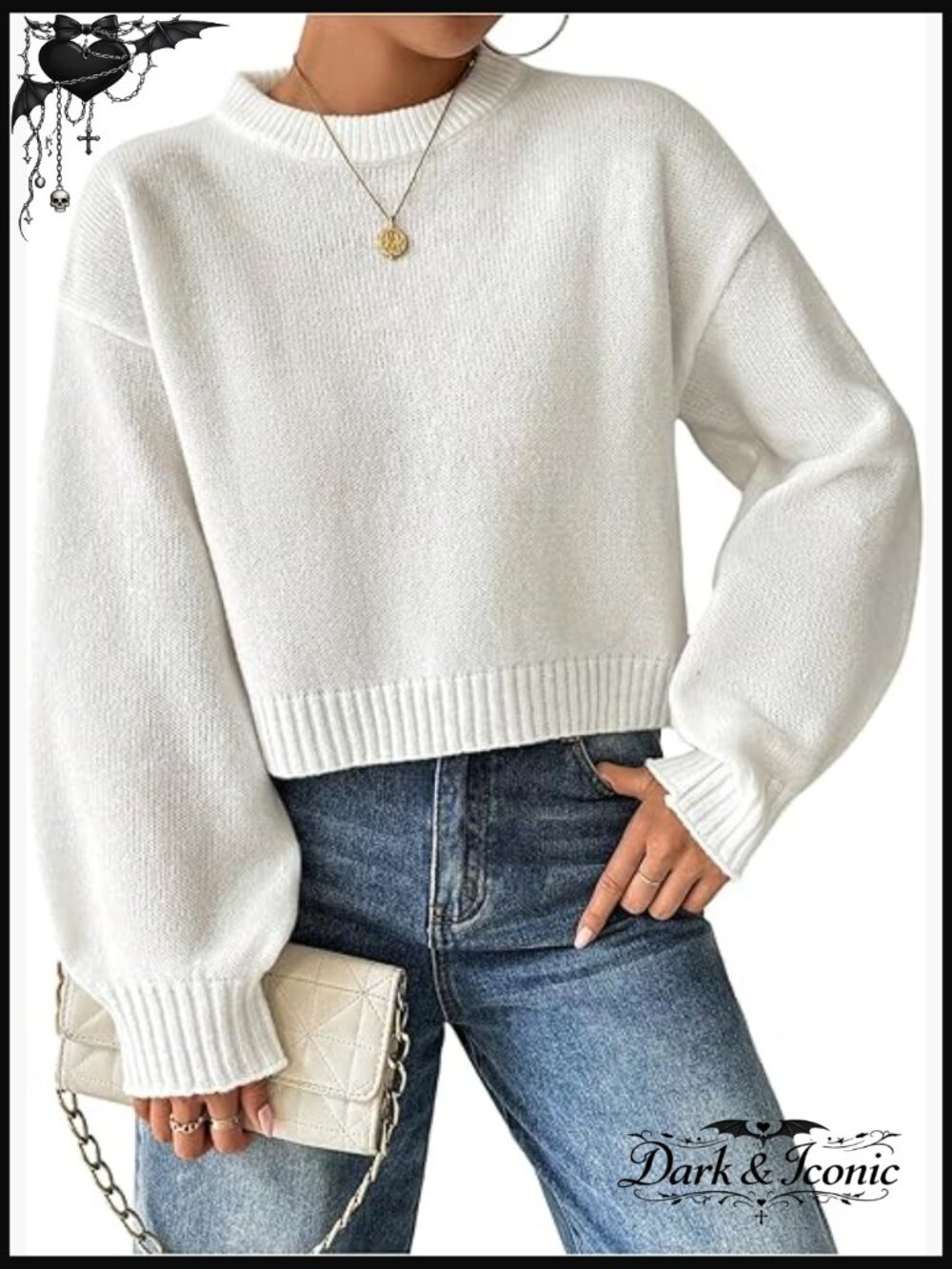 Oversized Cropped Sweater Long Sleeve Crewneck Pullover Knit Top